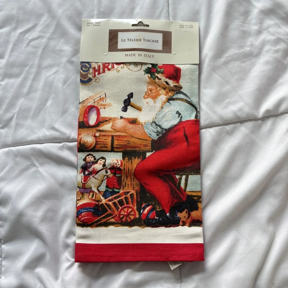 Le Telerie Toscane Italian Cotton Linen Christmas Tea Towels Set of 2 Santa